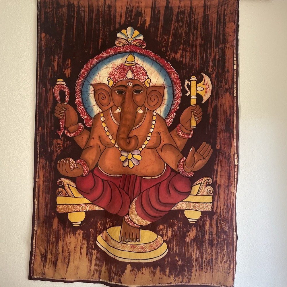 Vintage Lord Ganesha Batik Tapestry 50x35 Cotton Wall Hanging Hindu India Art
